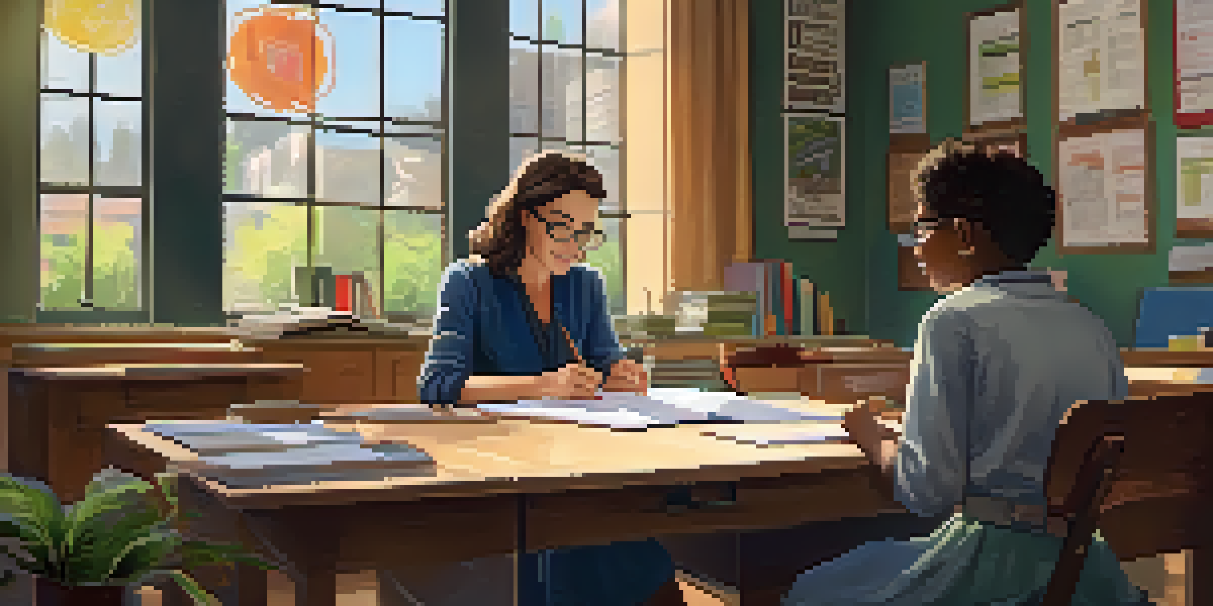 A mentor and a mentee discussing in a bright classroom, surrounded by educational materials.
