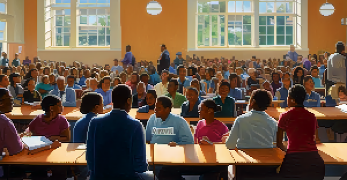 A diverse group of citizens attending a town hall meeting focused on education, with sunlight streaming in and banners around the room.