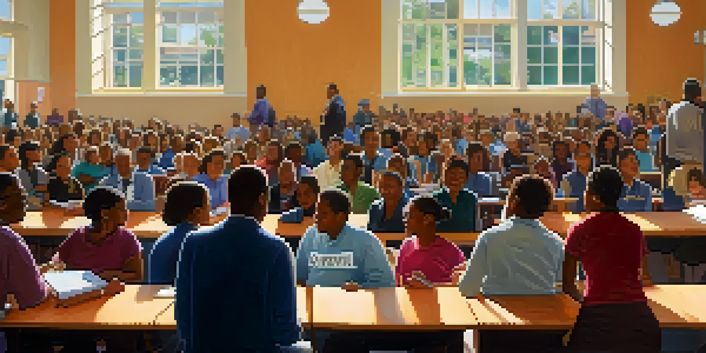 A diverse group of citizens attending a town hall meeting focused on education, with sunlight streaming in and banners around the room.