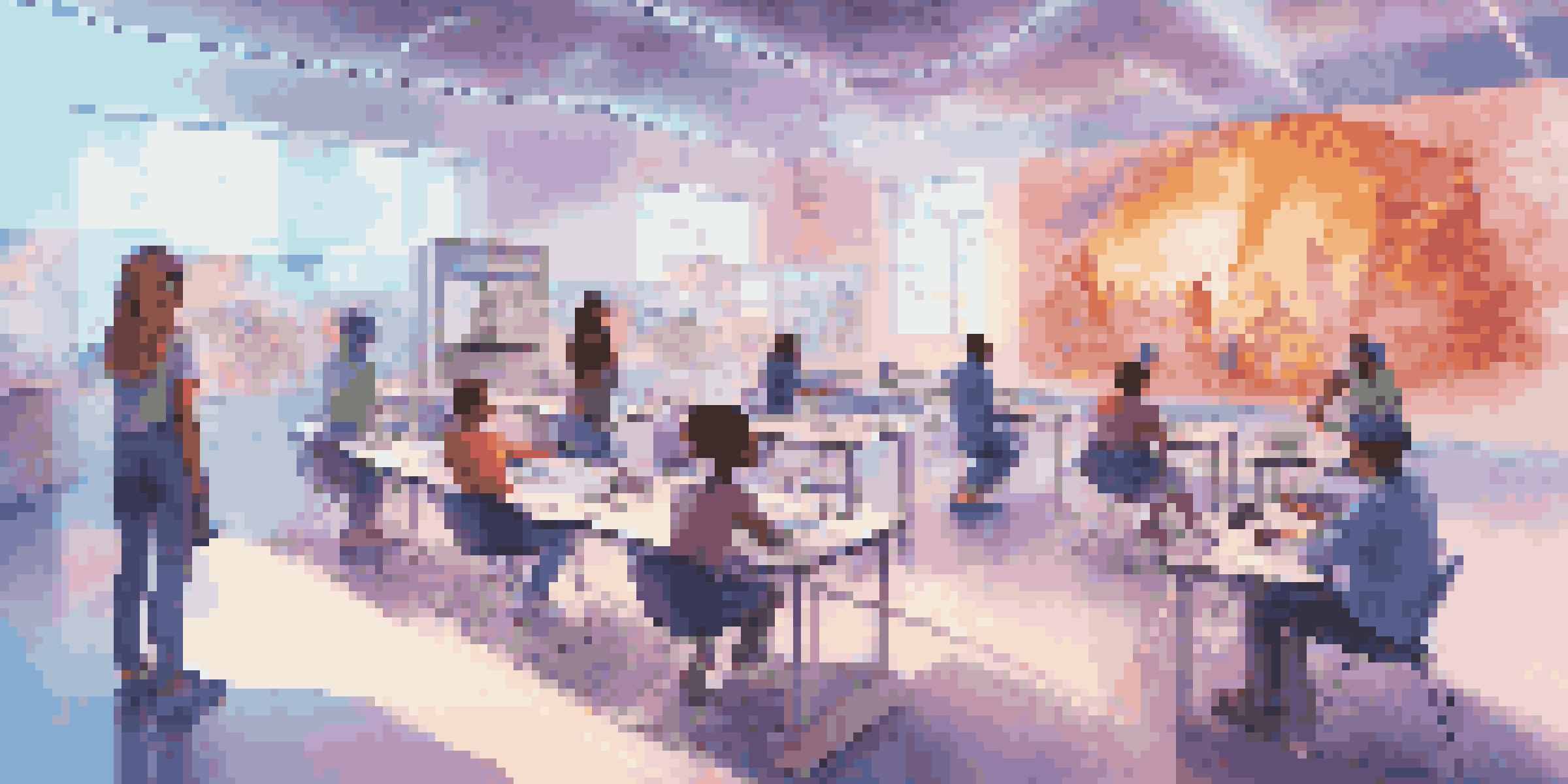 A vibrant virtual reality classroom where students of various backgrounds are using VR headsets to learn about biology and architecture through 3D models.