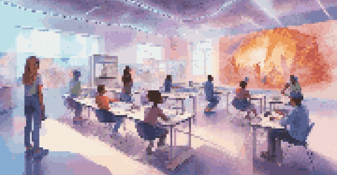 A vibrant virtual reality classroom where students of various backgrounds are using VR headsets to learn about biology and architecture through 3D models.