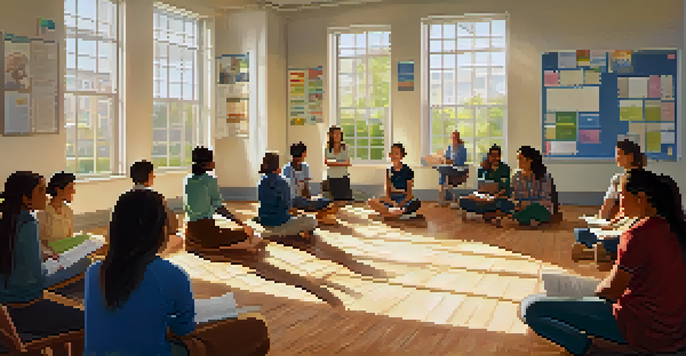A group of diverse teachers sitting in a circle in a bright classroom, engaged in a feedback discussion with warm sunlight filtering through the windows.