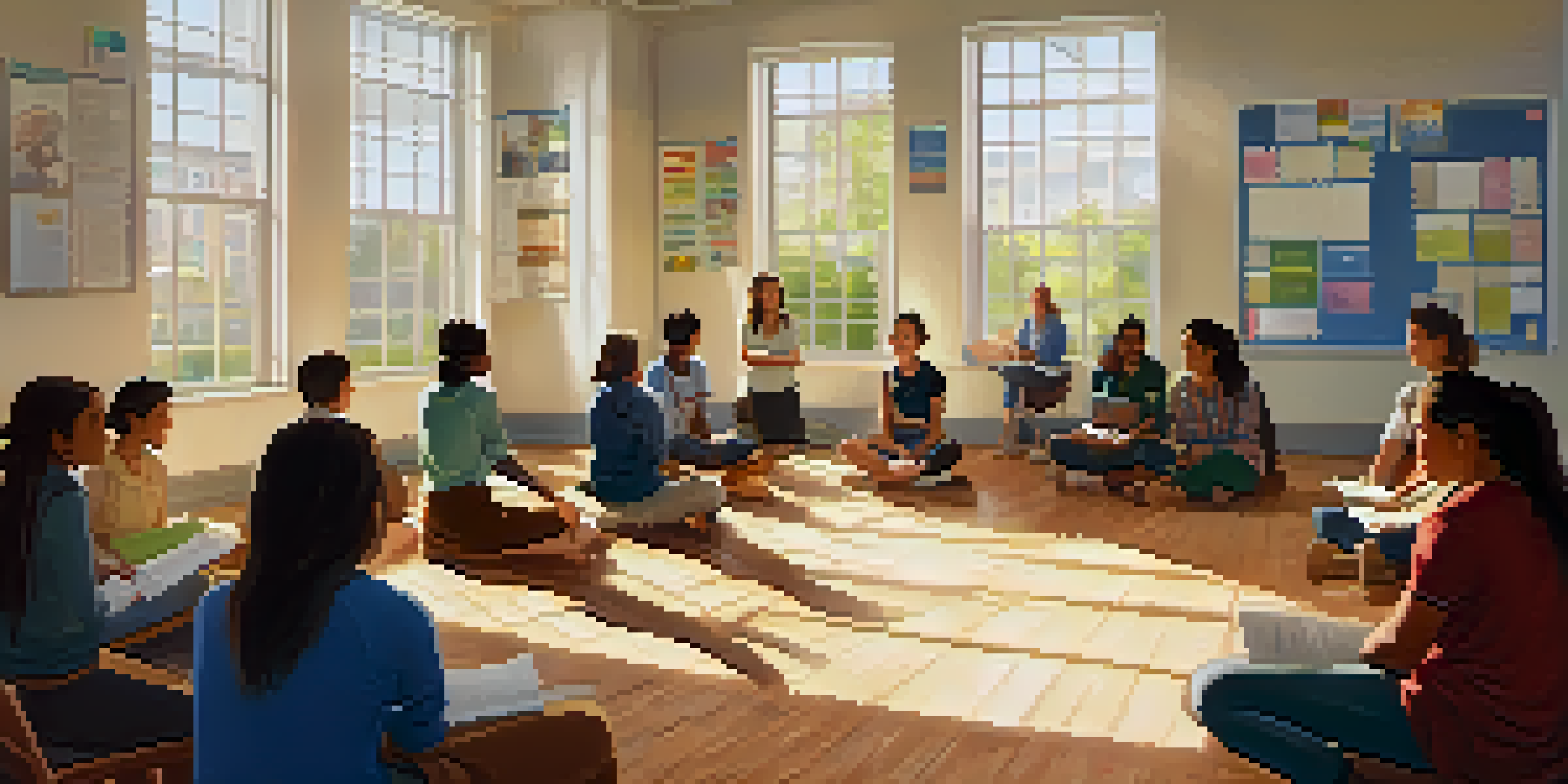A group of diverse teachers sitting in a circle in a bright classroom, engaged in a feedback discussion with warm sunlight filtering through the windows.