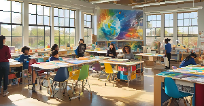 A lively classroom showcasing student artwork on walls, with students engaged in discussions and surrounded by art supplies.