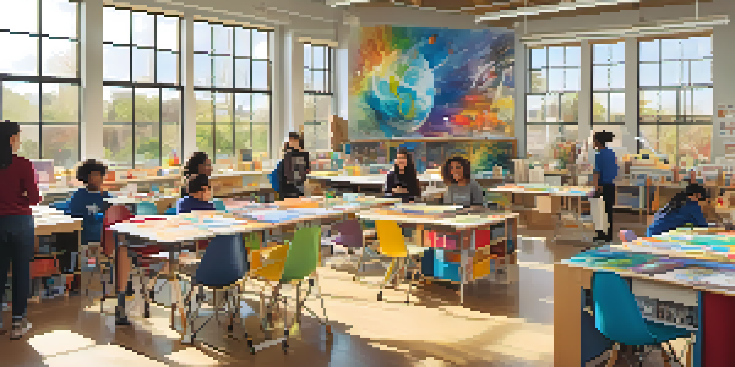 A lively classroom showcasing student artwork on walls, with students engaged in discussions and surrounded by art supplies.