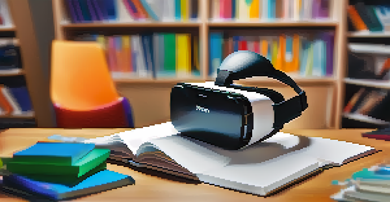 A virtual reality headset on a desk with educational materials, set against a collaborative learning backdrop.