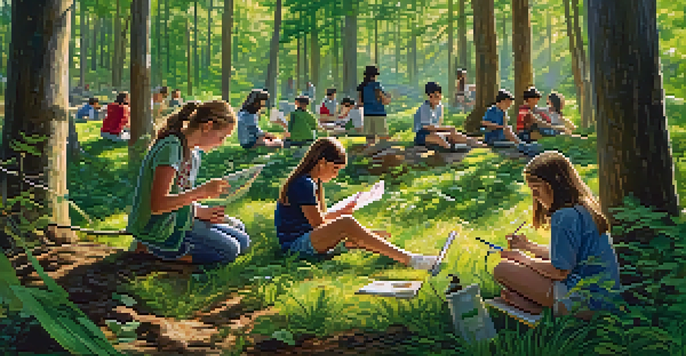 A group of students learning in a forest, engaging with nature and exploring their surroundings.