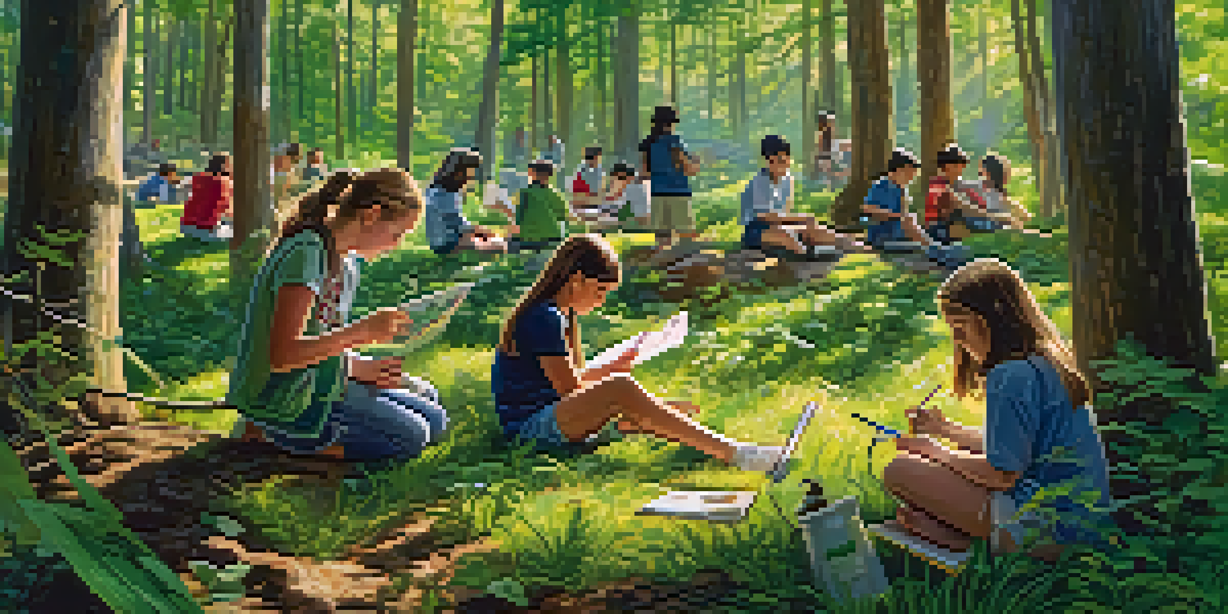 A group of students learning in a forest, engaging with nature and exploring their surroundings.