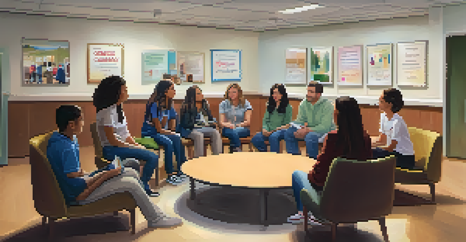 A school counseling office with students sharing their experiences in a support group, creating an atmosphere of empathy and understanding.