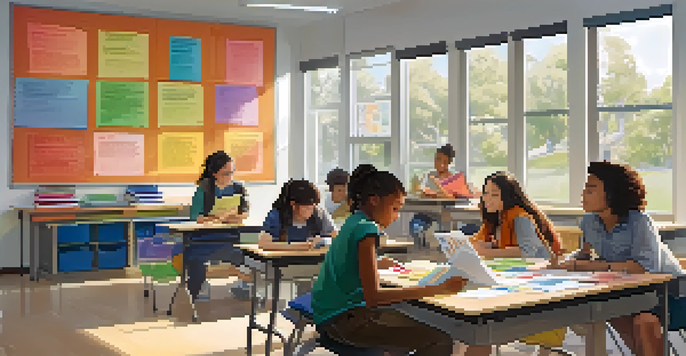 A classroom with diverse students actively participating in personalized learning. Some students are writing in journals, while others are discussing with a teacher, with educational posters in the background.