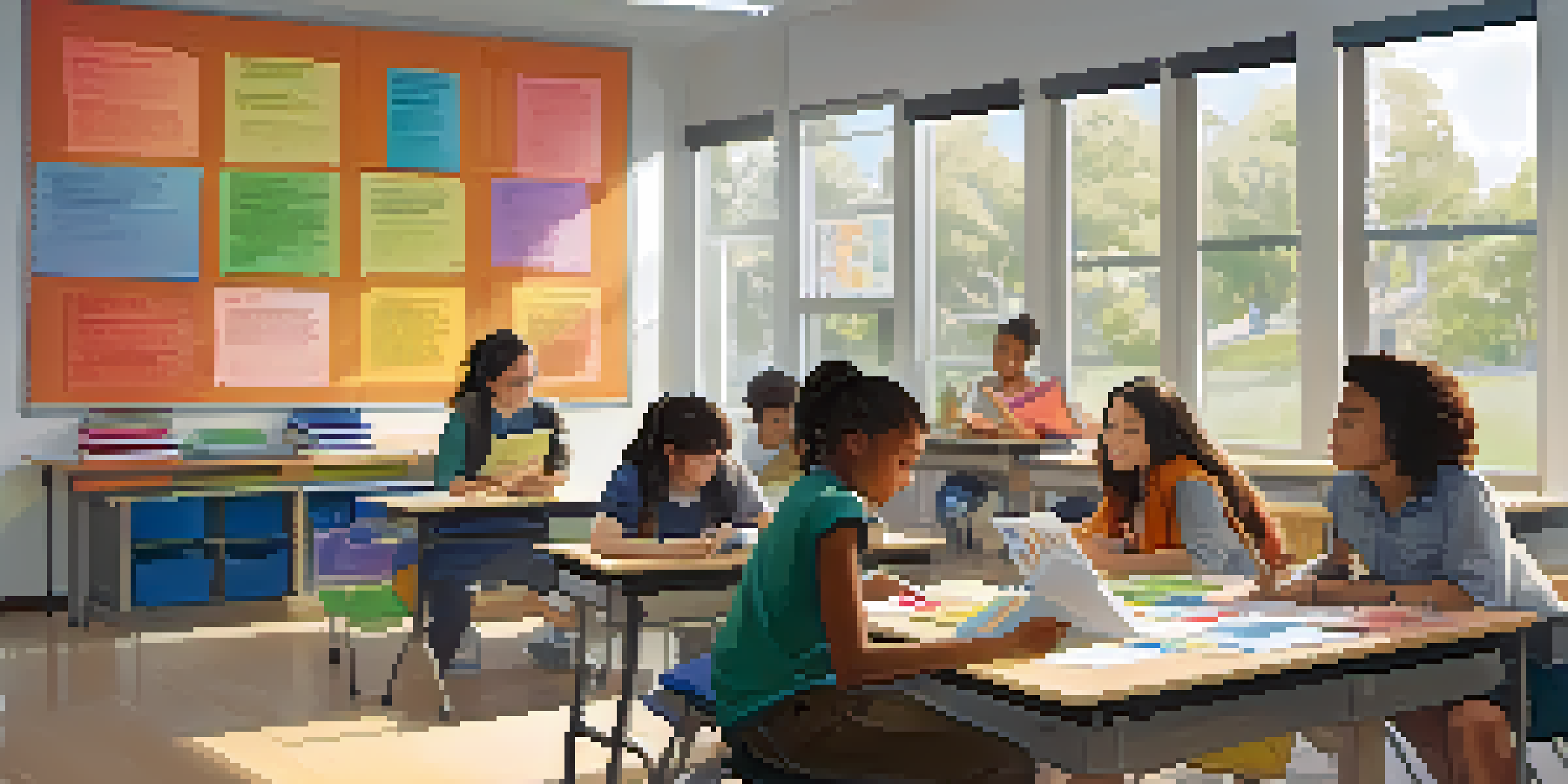 A classroom with diverse students actively participating in personalized learning. Some students are writing in journals, while others are discussing with a teacher, with educational posters in the background.