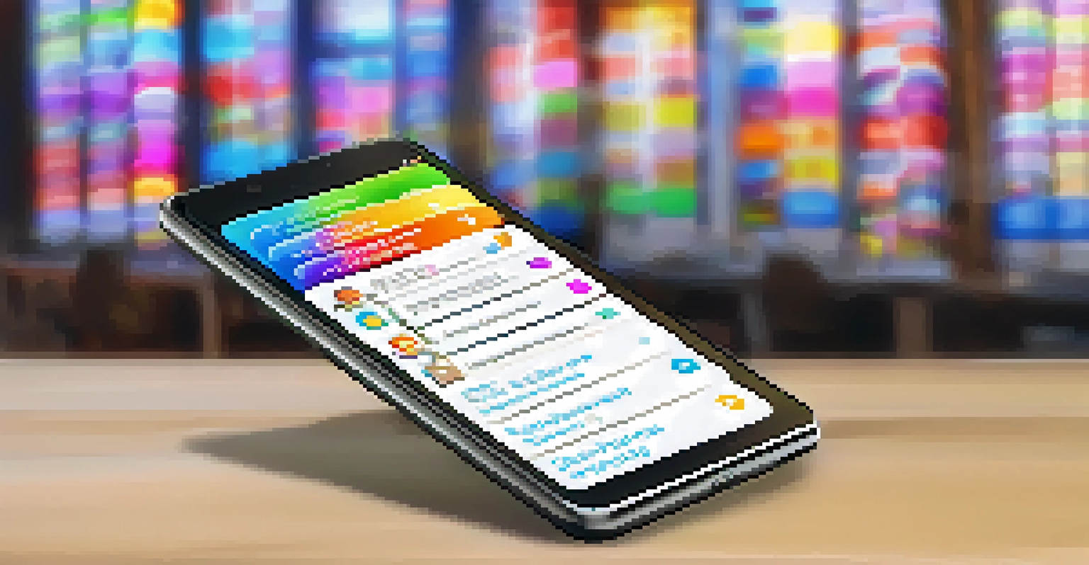 A close-up of a smartphone showing an interactive mobile learning app with a colorful quiz interface.