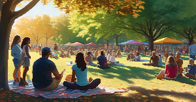 A diverse group of people sitting together in a park, sharing stories on picnic blankets beneath colorful trees, with soft sunlight filtering through the leaves.