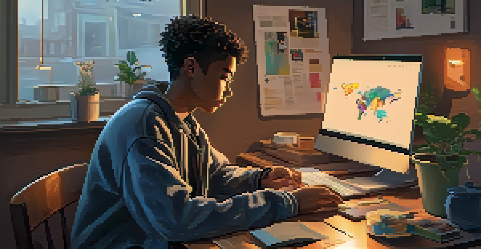 A young person at a desk working on a laptop, composing a kind social media post in a cozy and warm-lit room.