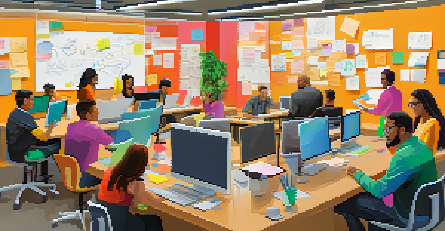 A group of educators and tech developers working together in a modern office space, filled with laptops and brainstorming materials, symbolizing collaboration in education.