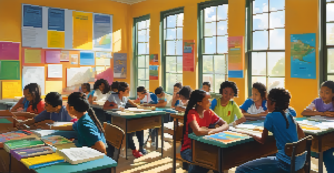 A diverse group of students collaborating in a colorful classroom filled with educational posters and sunlight.