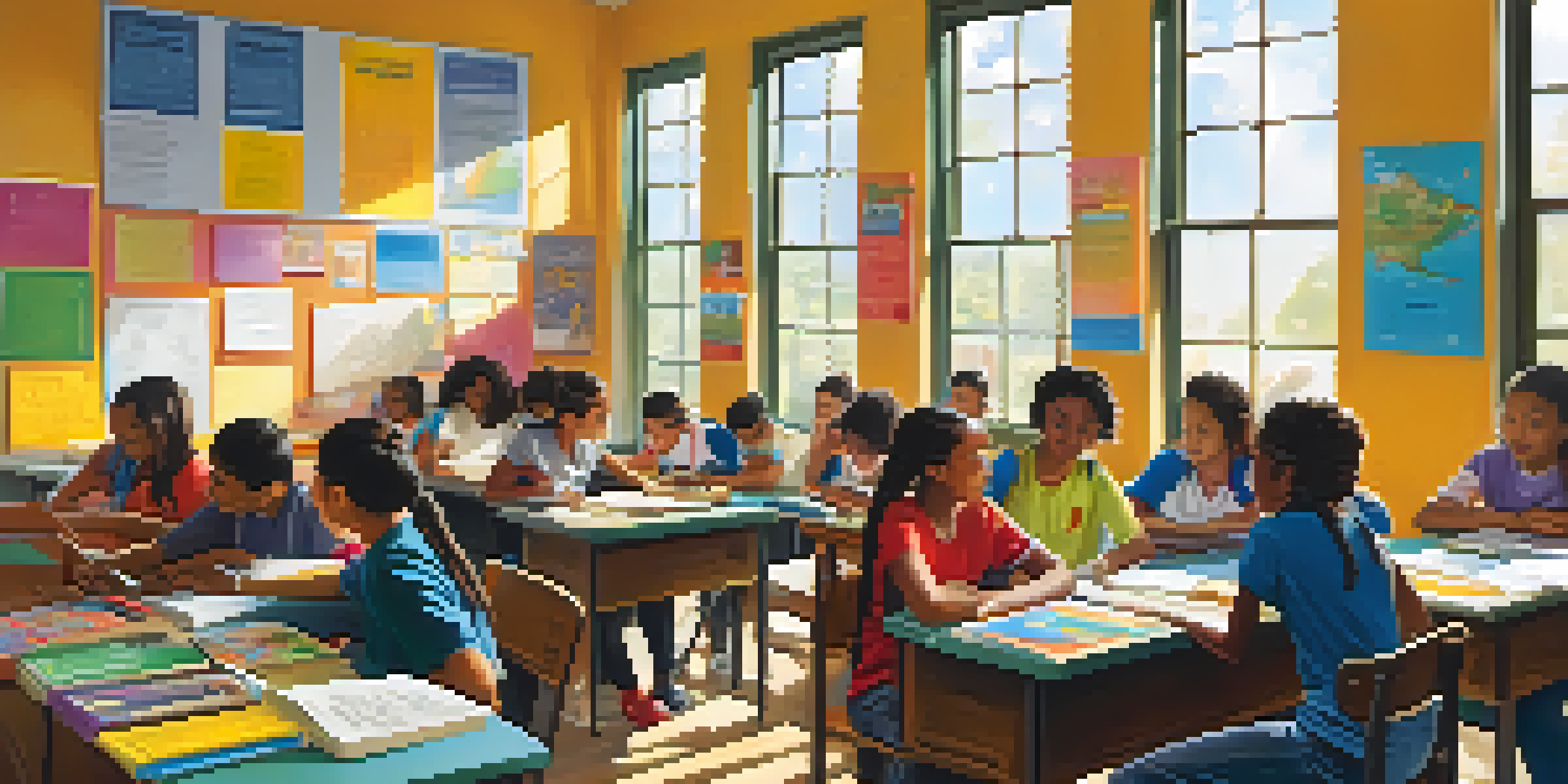 A diverse group of students collaborating in a colorful classroom filled with educational posters and sunlight.