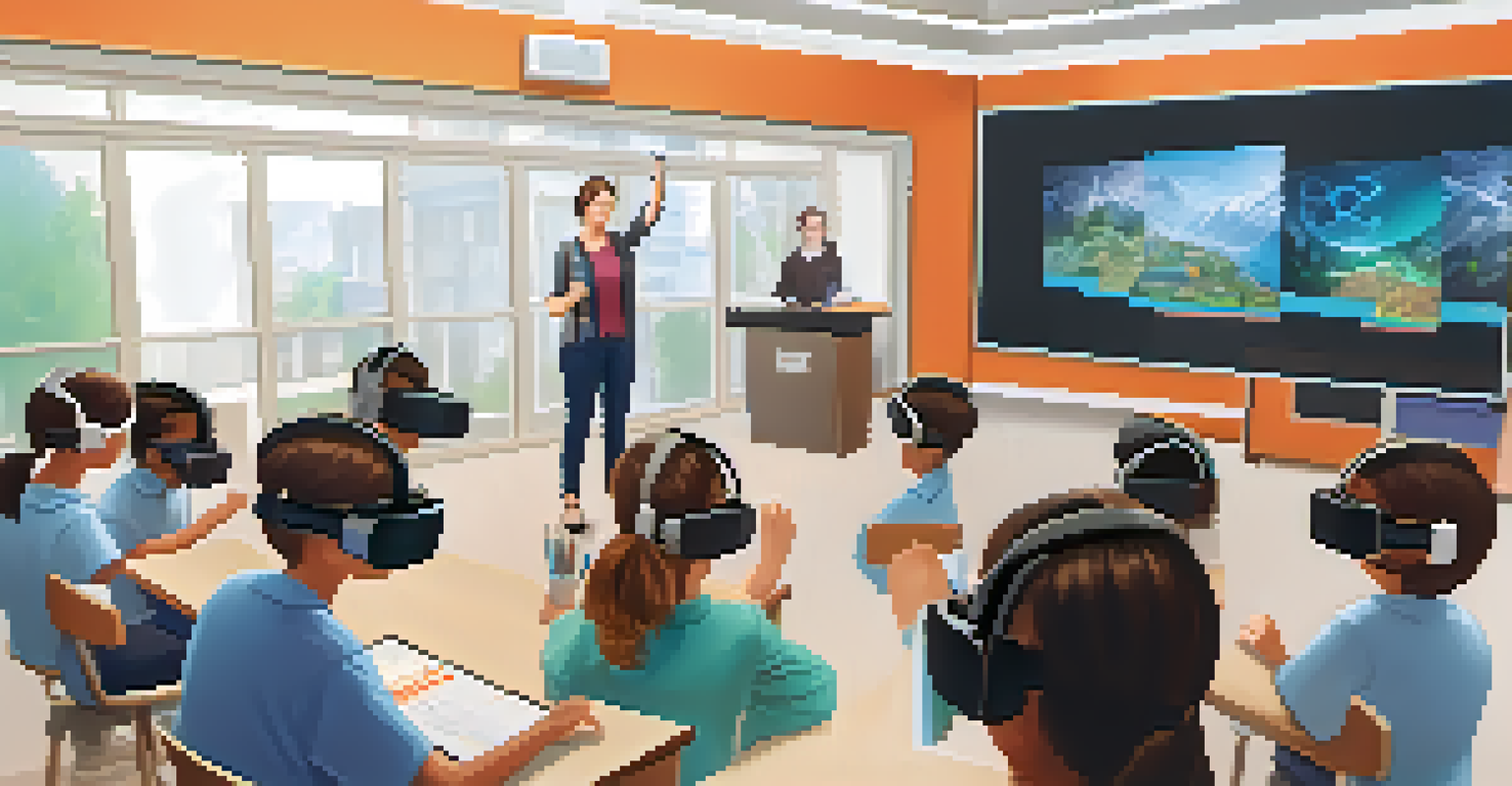 A teacher guiding students using virtual reality for problem-solving in a modern classroom filled with technology.