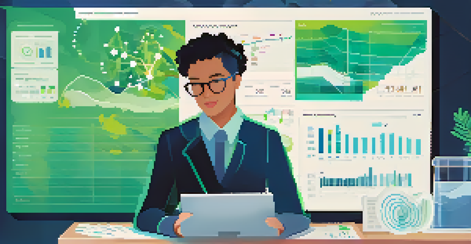 An AI dashboard showcasing real-time analytics of student performance, with a teacher analyzing the data on a tablet.