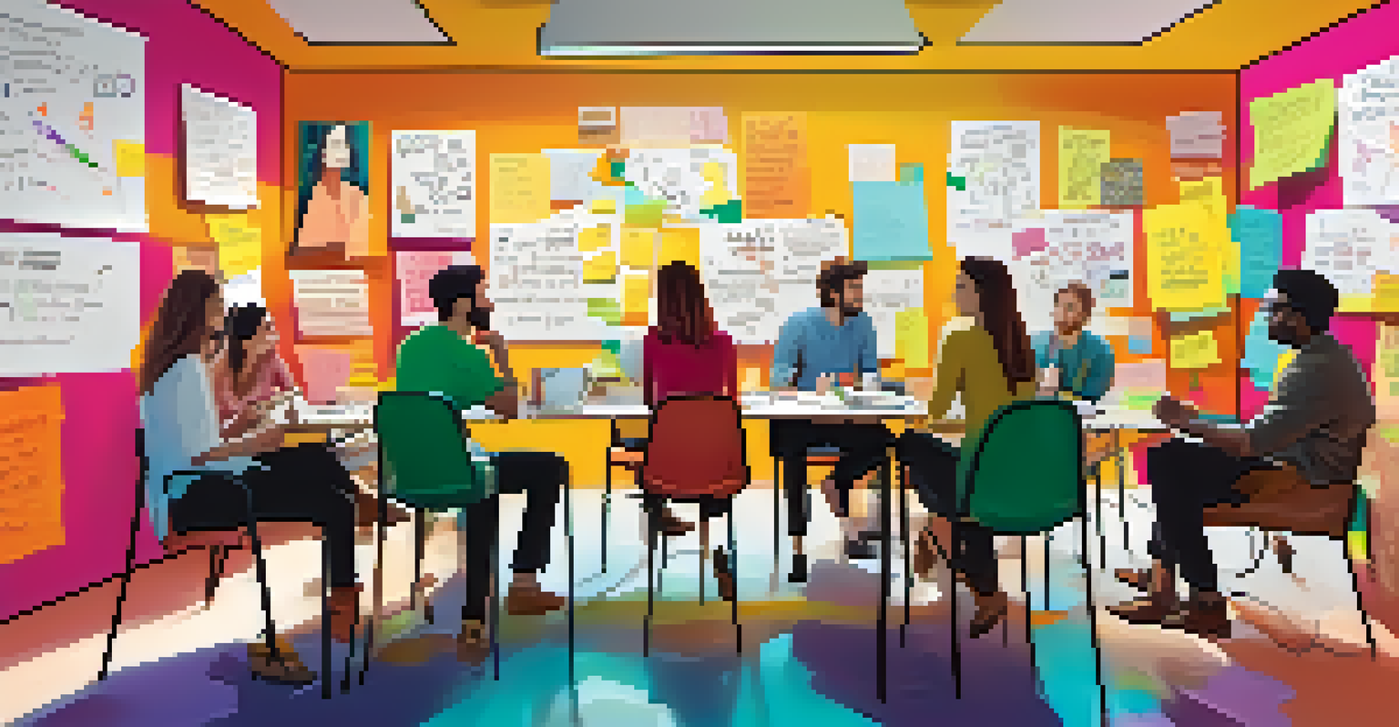 A lively brainstorming session in a colorful room with post-it notes and whiteboards, featuring young professionals discussing ideas around a table.