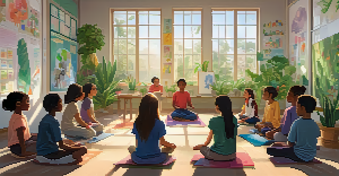 A classroom with students sitting in a circle, practicing mindfulness with calm expressions and natural light filtering through the windows.