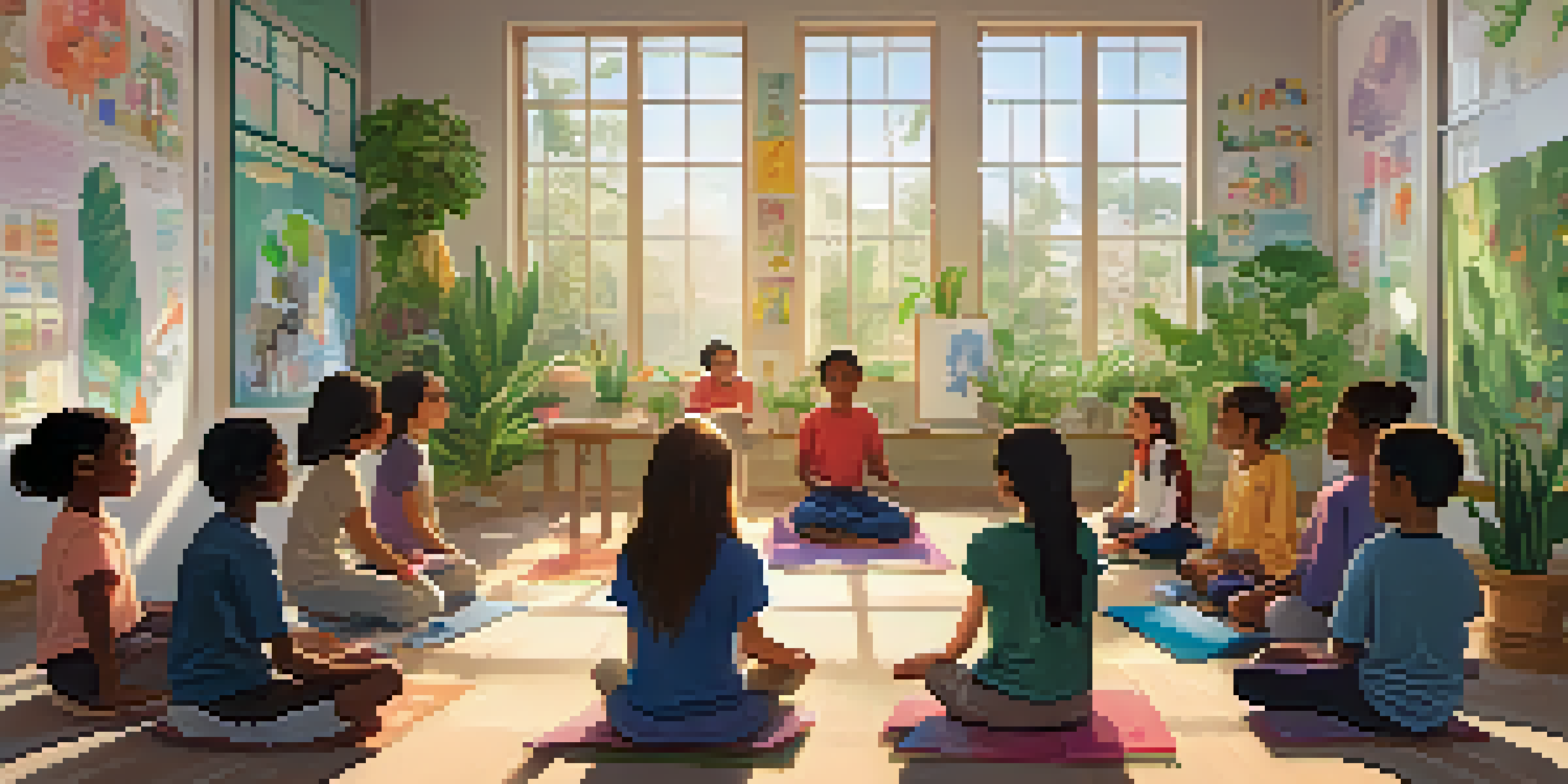 A classroom with students sitting in a circle, practicing mindfulness with calm expressions and natural light filtering through the windows.