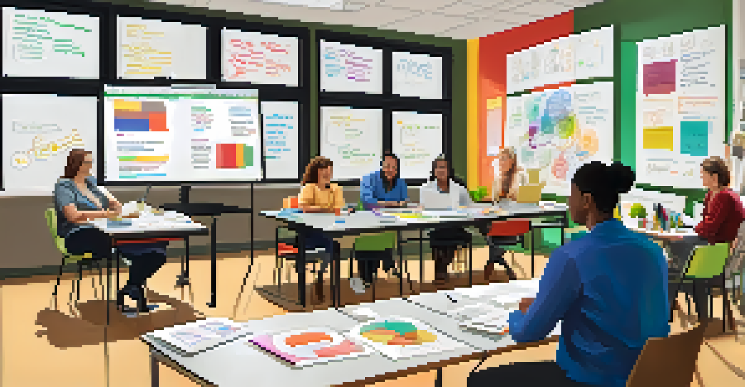 A group of teachers in a workshop, engaged in discussion and planning, surrounded by notes and technology.