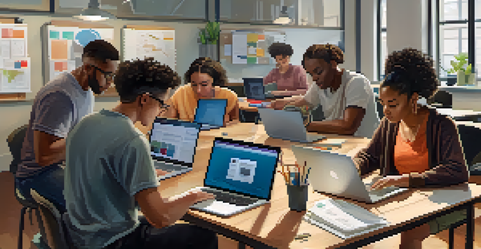 A diverse group of students working together on laptops for an online assessment, showing a collaborative and supportive environment.