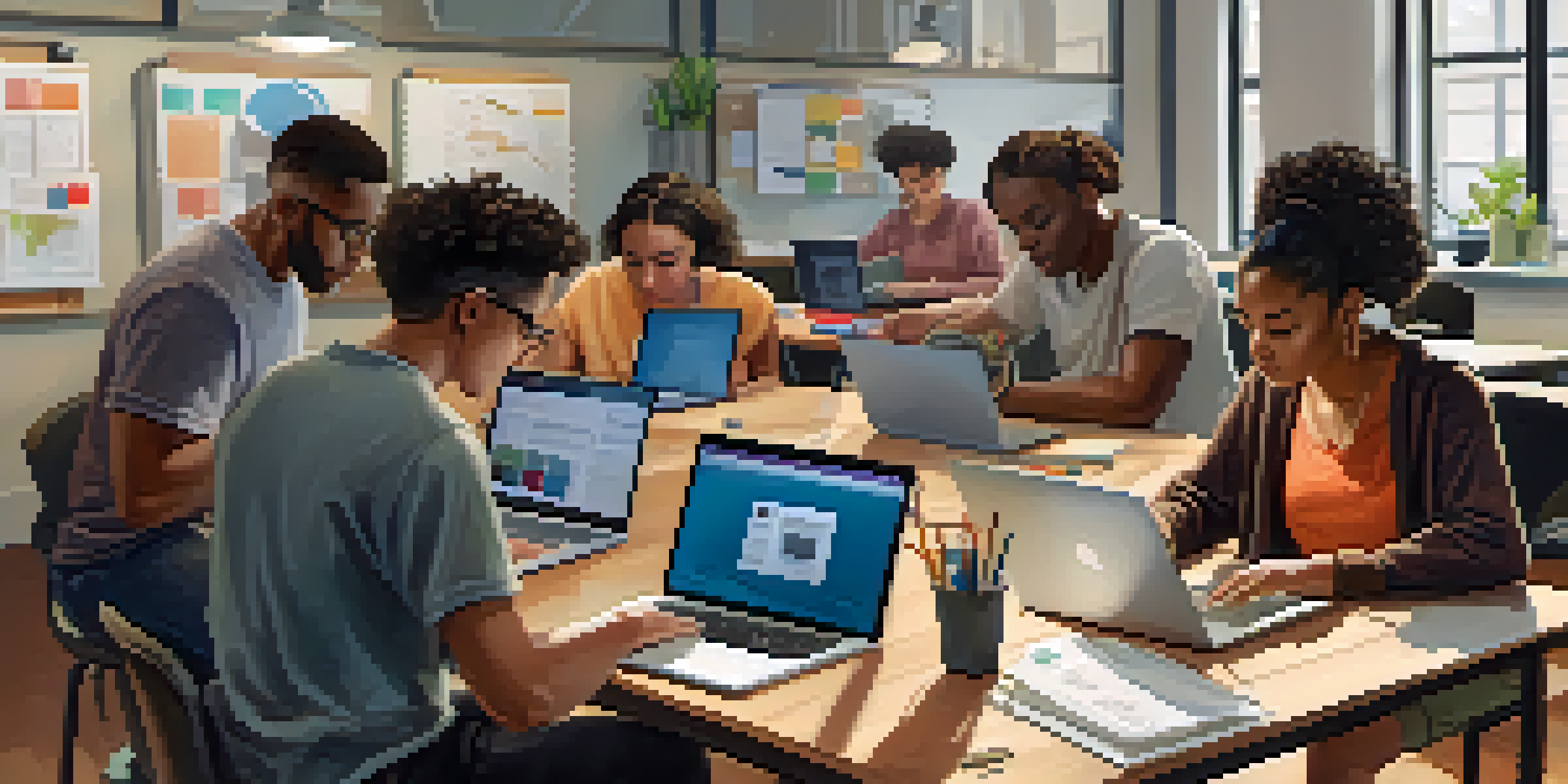 A diverse group of students working together on laptops for an online assessment, showing a collaborative and supportive environment.