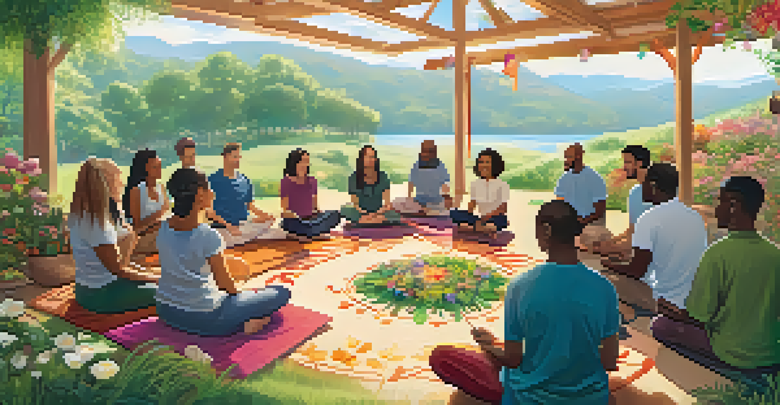 A diverse group of people in a circle at a mindfulness workshop, meditating together outdoors.