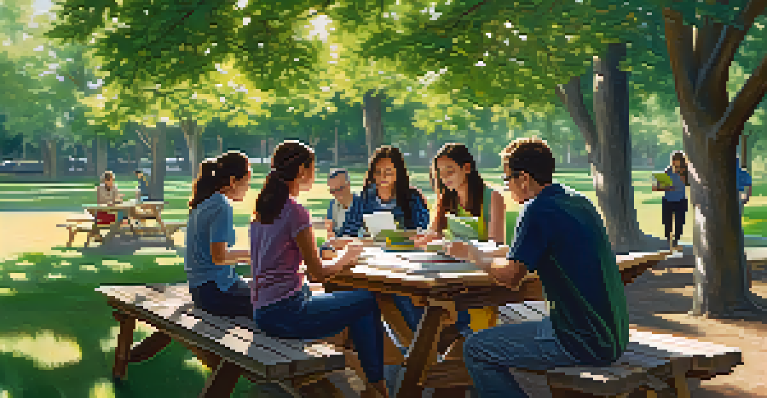 A group of adult learners engaged in a workshop outdoors, discussing and taking notes at a picnic table in a green, sunny setting.