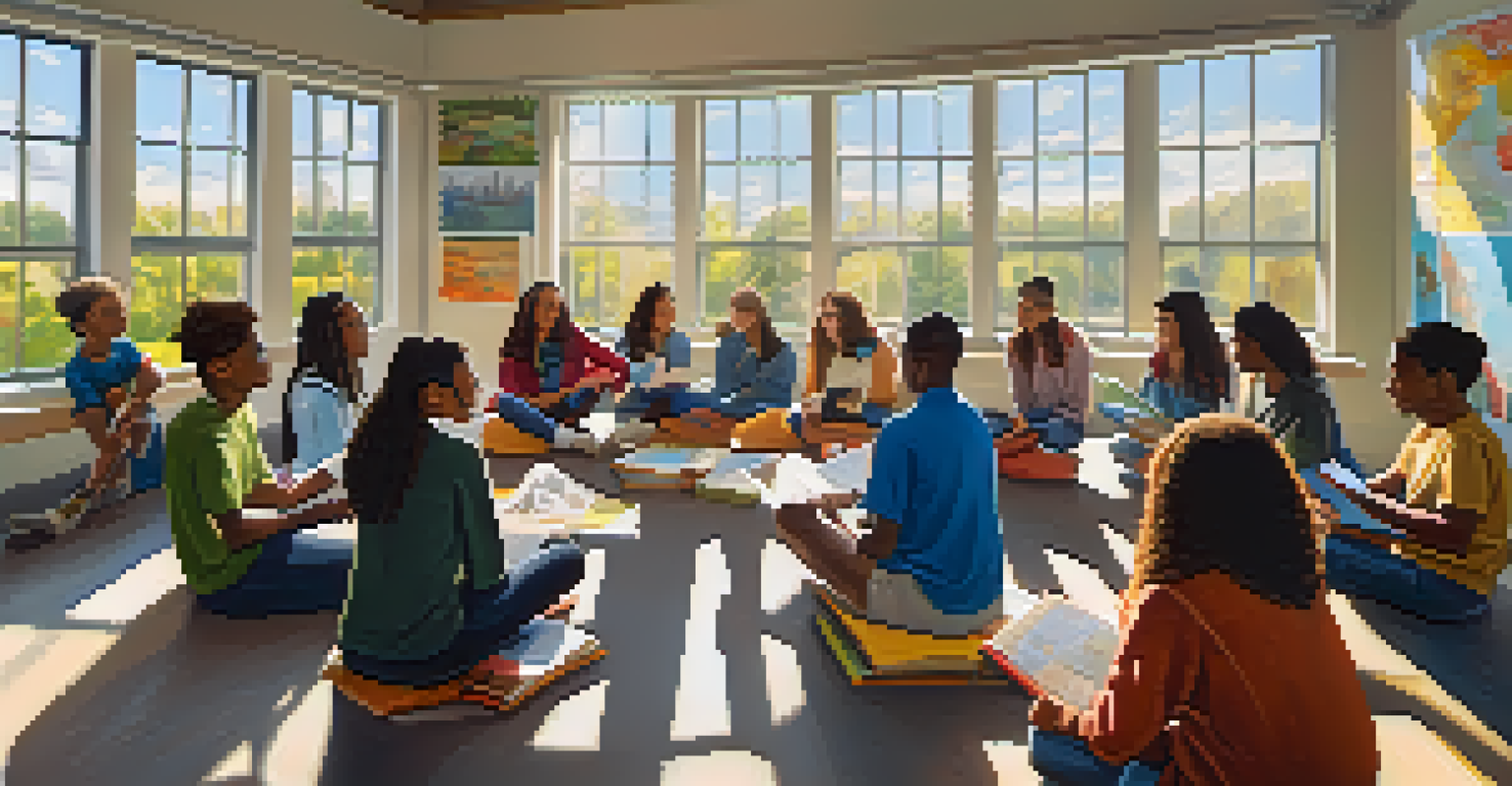 A diverse group of students in a bright classroom discussing climate change, surrounded by colorful educational materials.