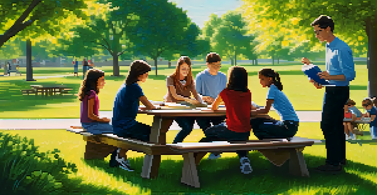 A teacher and students collaborating on a project at a picnic table in a sunny park, surrounded by greenery and blooming flowers.