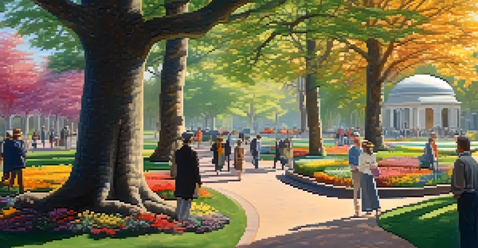 A scenic park with historical figures appearing in a semi-transparent style, engaging with visitors among trees and flowers, illuminated by sunlight.