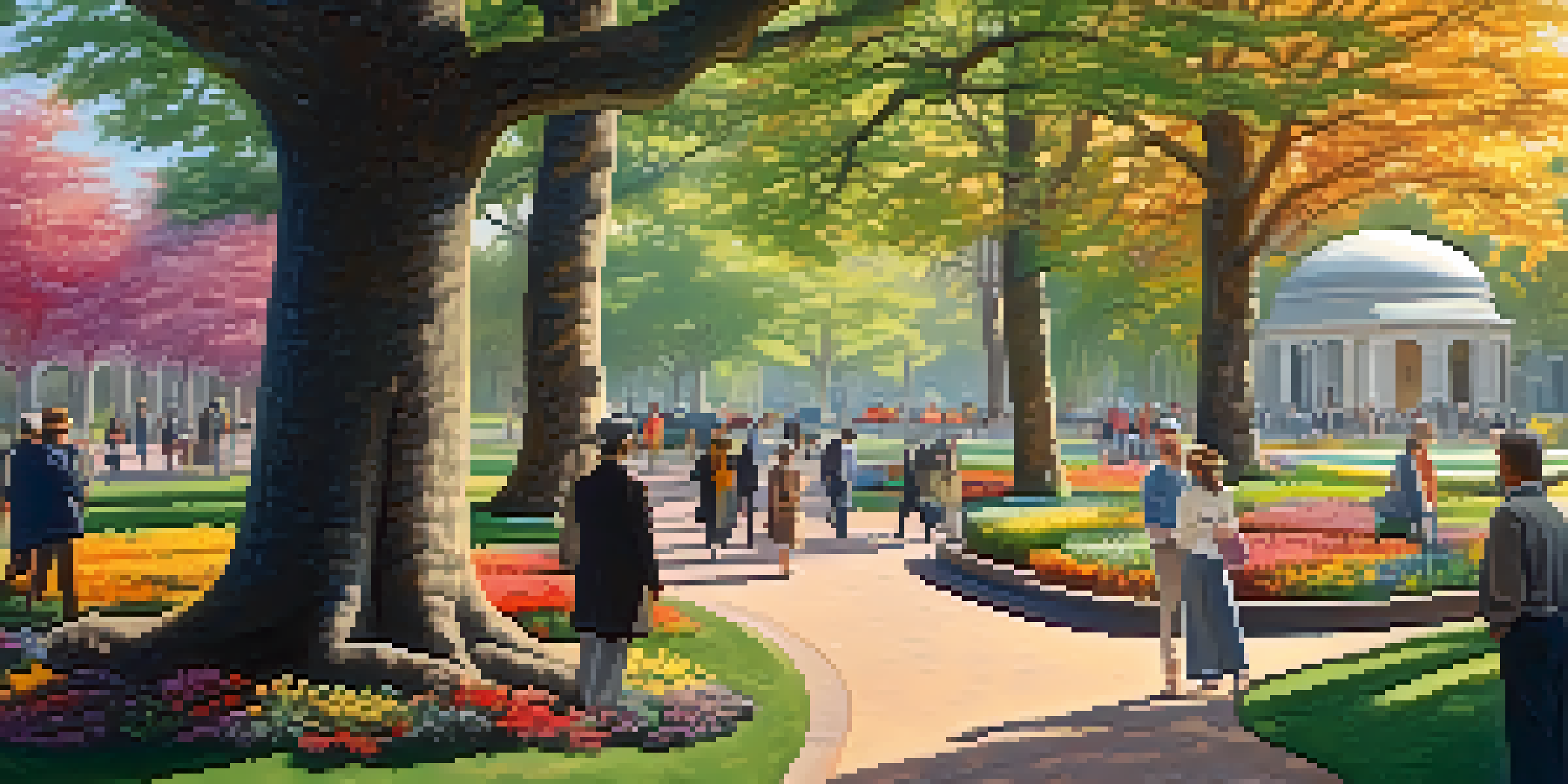 A scenic park with historical figures appearing in a semi-transparent style, engaging with visitors among trees and flowers, illuminated by sunlight.