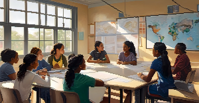 A diverse group of students in a bright classroom discussing together, showcasing cultural artifacts and a collaborative atmosphere.
