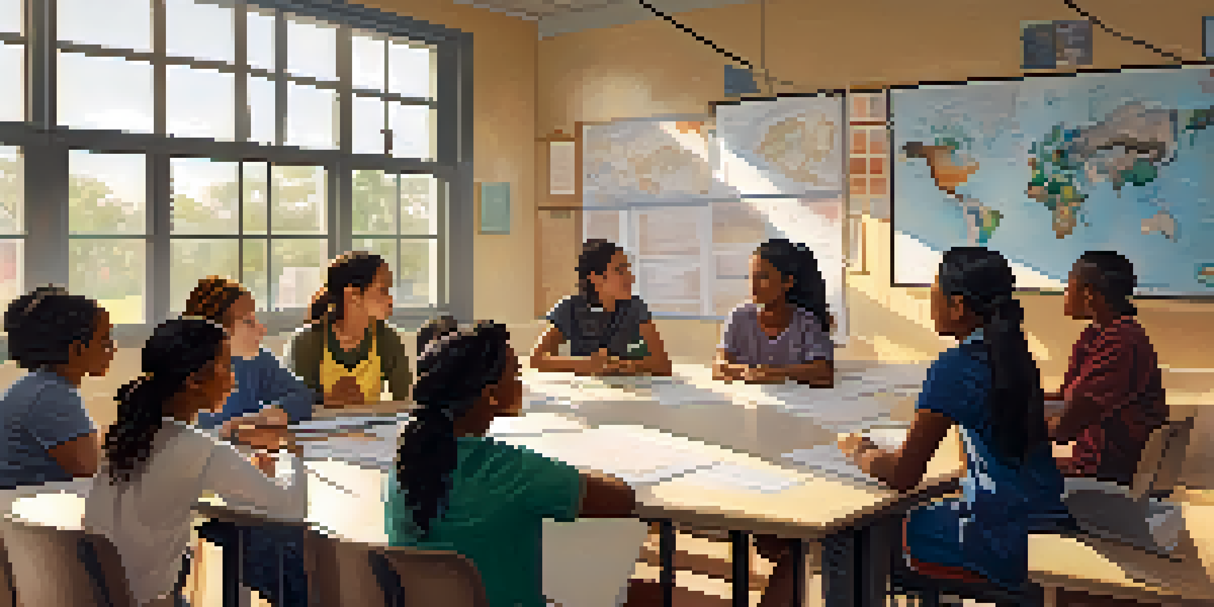 A diverse group of students in a bright classroom discussing together, showcasing cultural artifacts and a collaborative atmosphere.