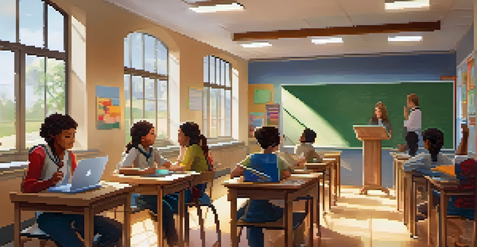 A classroom with students using laptops and tablets, while a teacher writes on a whiteboard, illuminated by natural light from windows.