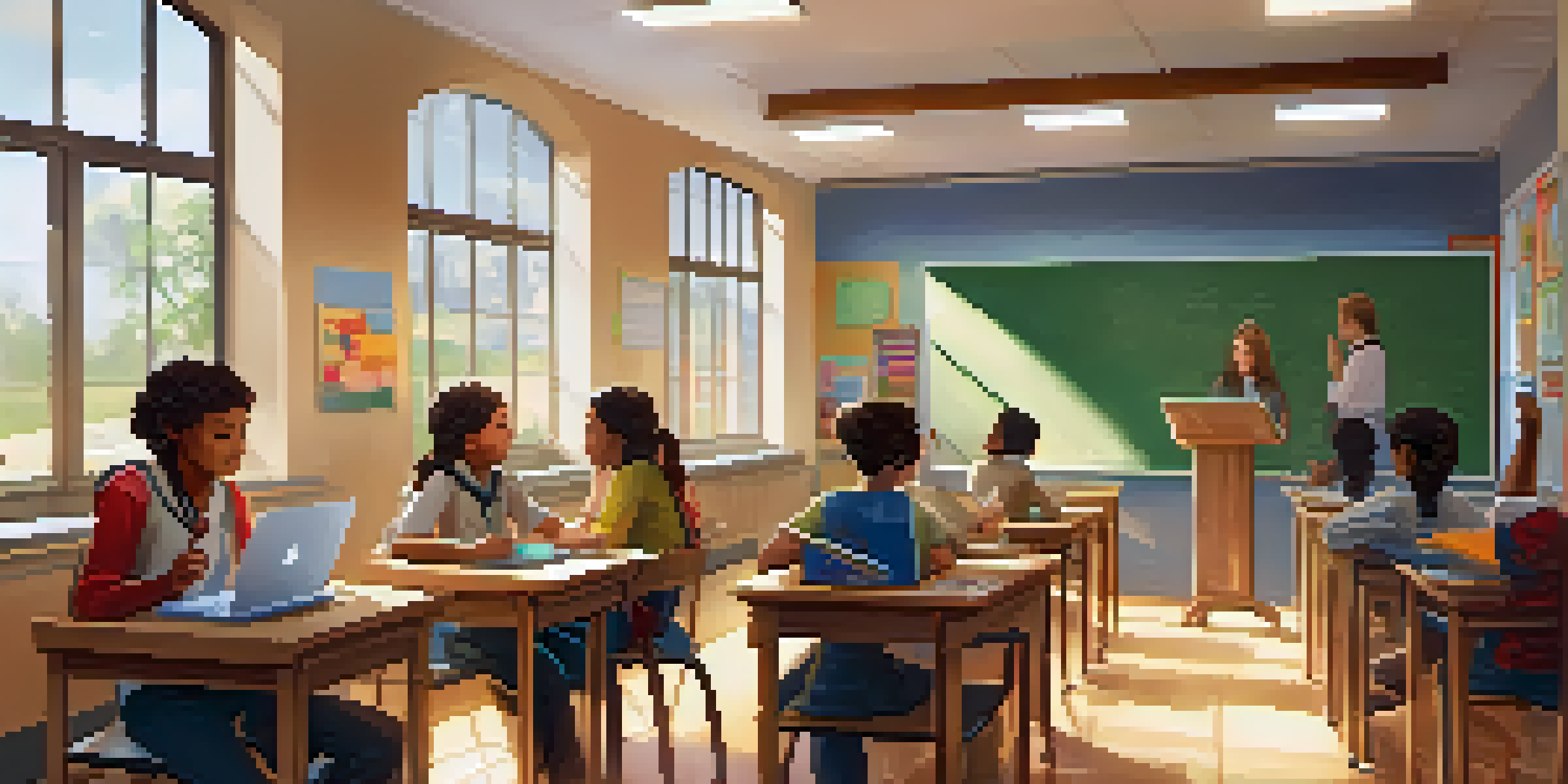 A classroom with students using laptops and tablets, while a teacher writes on a whiteboard, illuminated by natural light from windows.