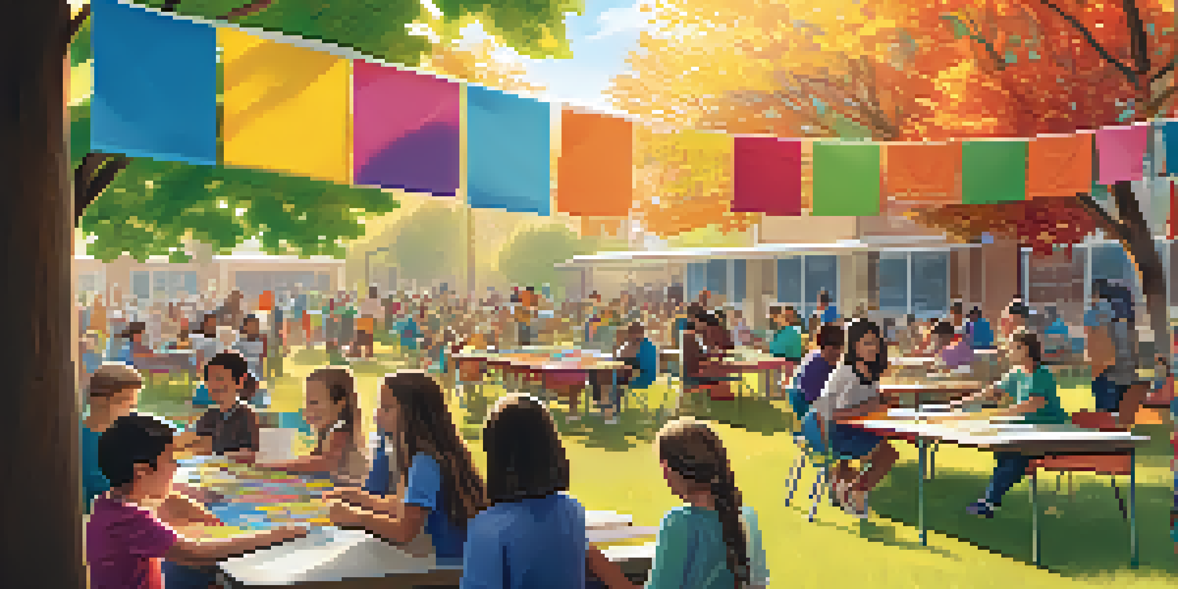 A lively school event with parents, teachers, and students collaborating on projects, surrounded by colorful decorations and bright sunlight.