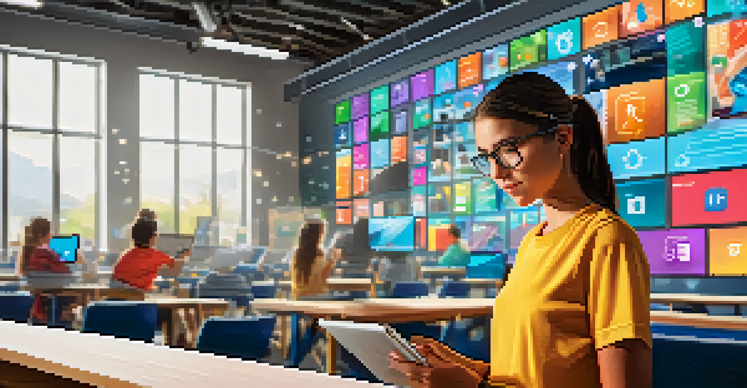 A student using a tablet in a modern classroom with digital resources and icons representing online learning tools.