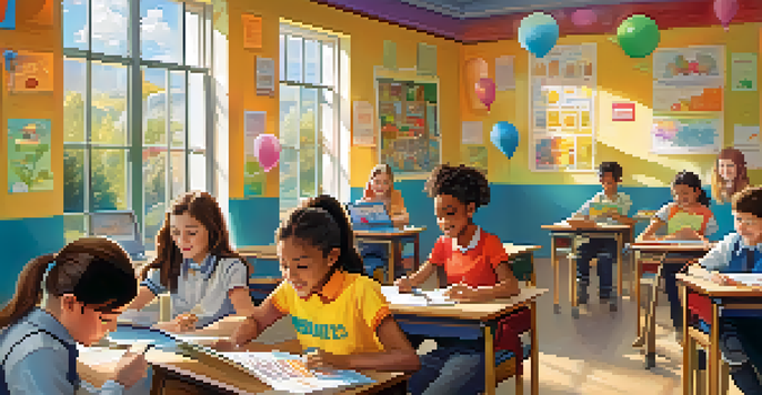 A bright classroom with students using tablets for a gamified learning activity, illuminated by sunlight.