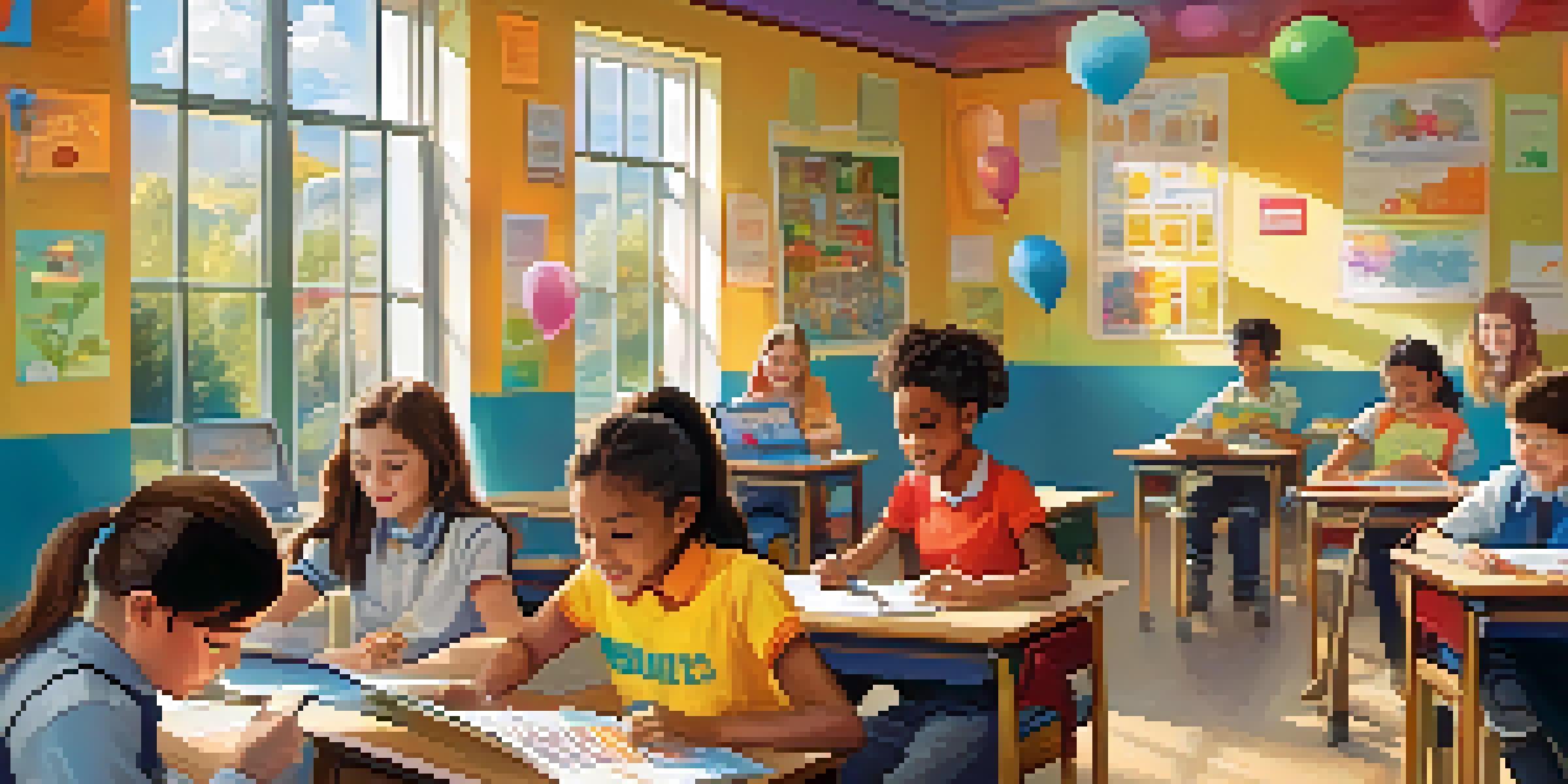 A bright classroom with students using tablets for a gamified learning activity, illuminated by sunlight.