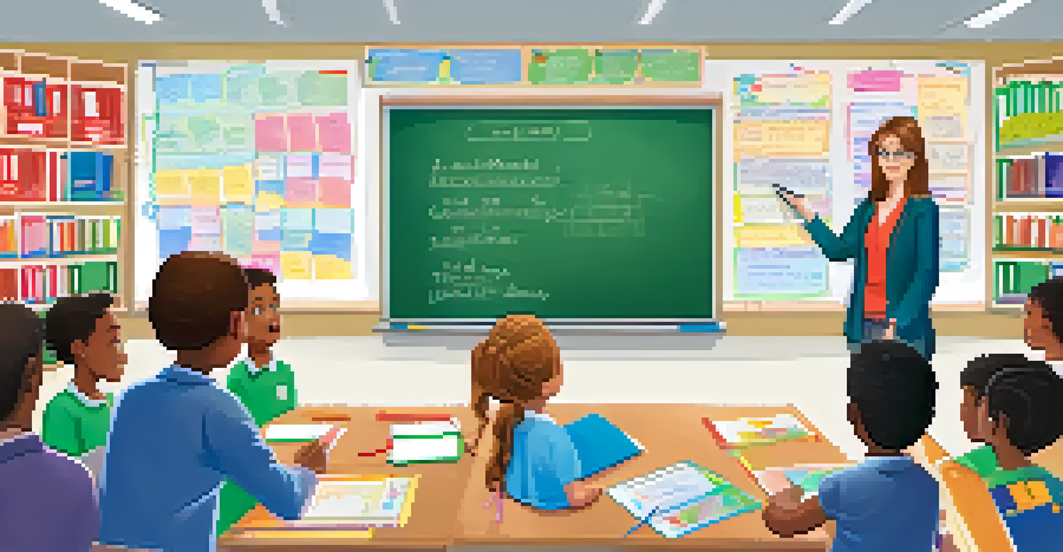 A teacher using visual aids to explain a concept to students, who are engaged and excited, in a brightly decorated classroom with educational resources.