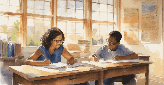 A mentor and student in a bright classroom, engaged in a supportive discussion.