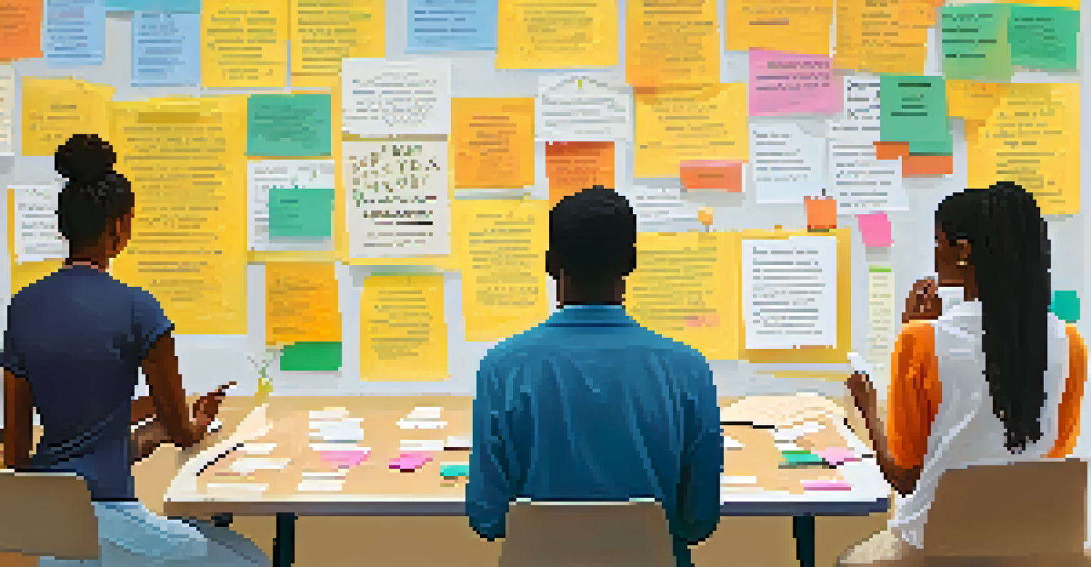 A community board filled with colorful post-it notes promoting kindness and respect, with diverse individuals engaging in conversation nearby.