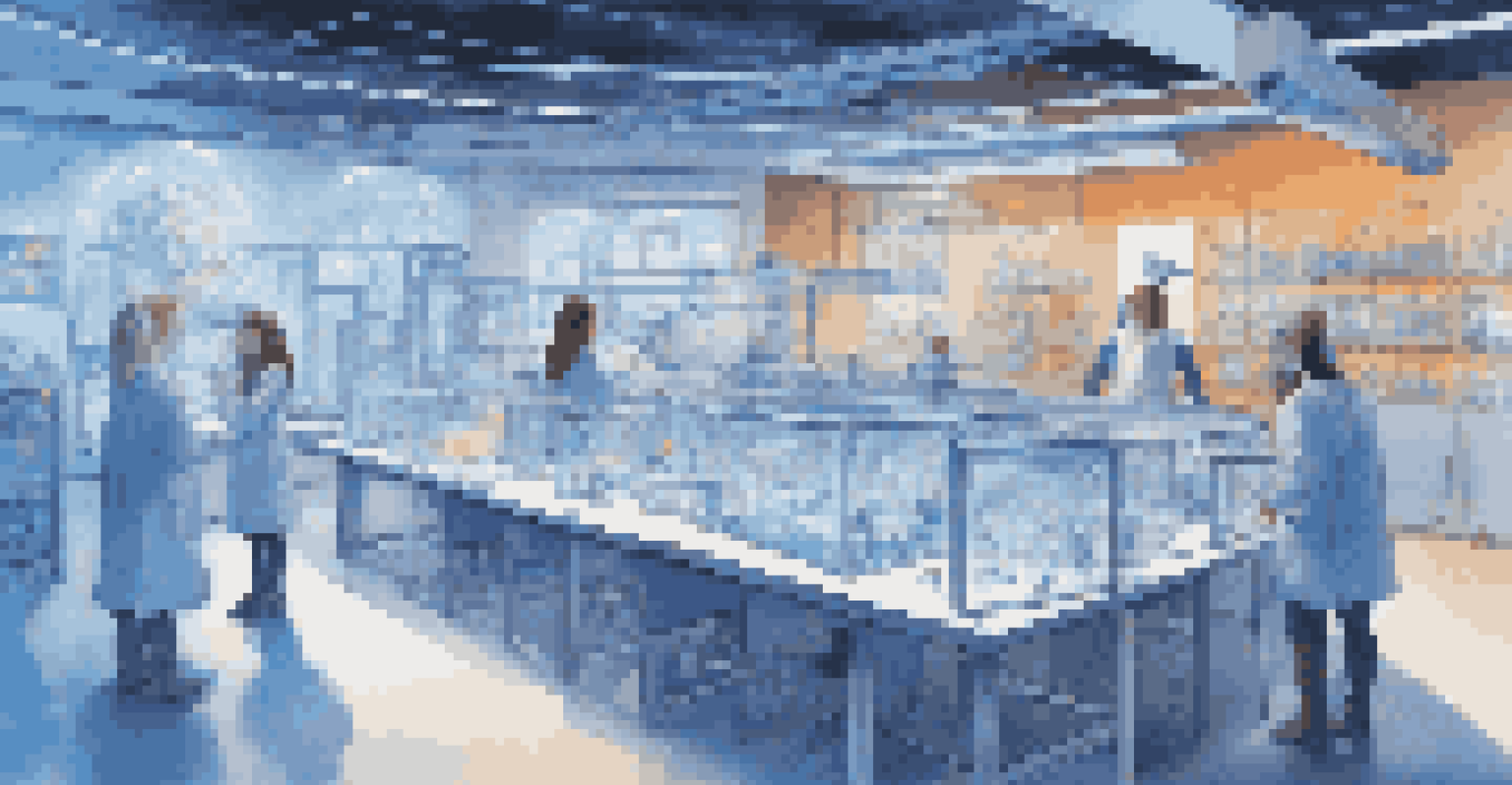 A futuristic virtual reality lab where students are experimenting with interactive scientific concepts surrounded by glowing elements.