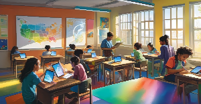A lively classroom filled with students using tablets and books, engaged in collaborative learning, with sunlight streaming in.