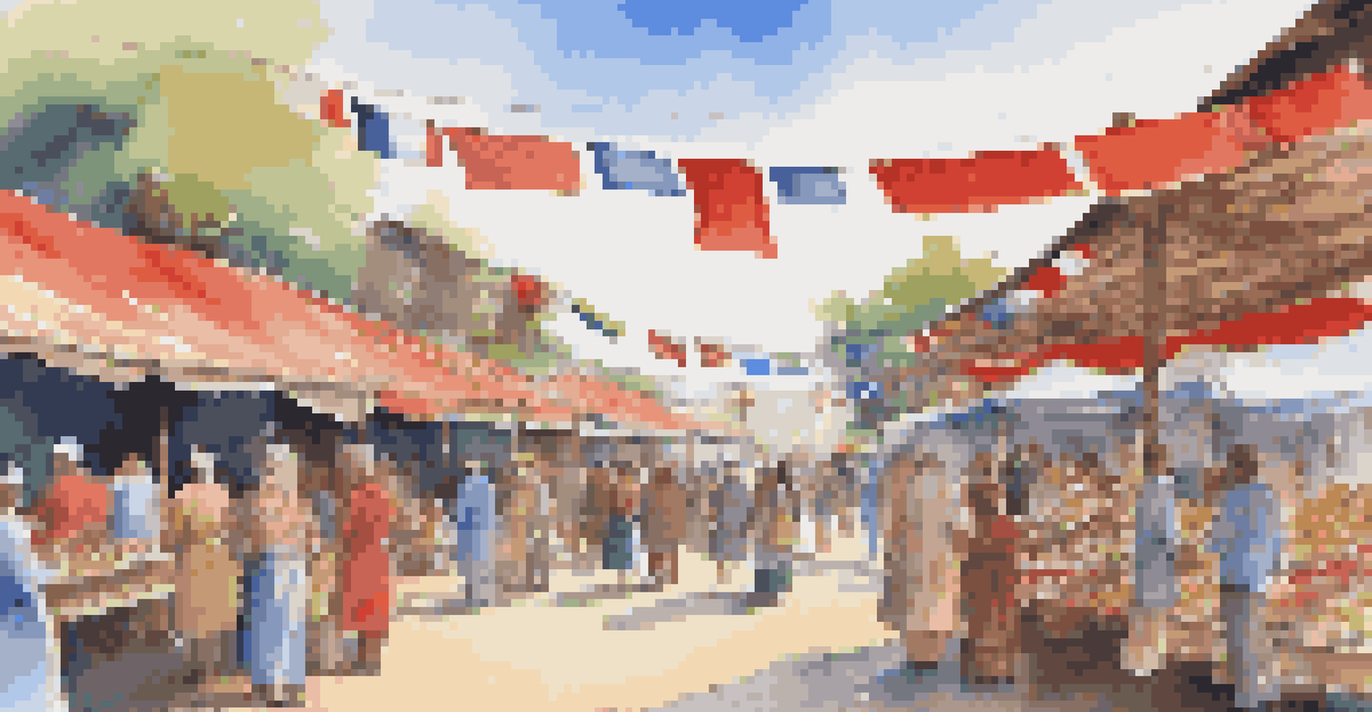 Students at an outdoor cultural fair, displaying traditions from various countries with colorful stalls and interacting with attendees.