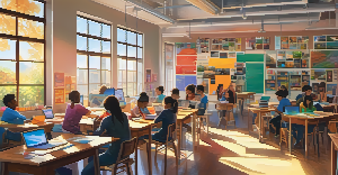 A colorful classroom where diverse students are engaged in collaborative transmedia learning with tablets and books.